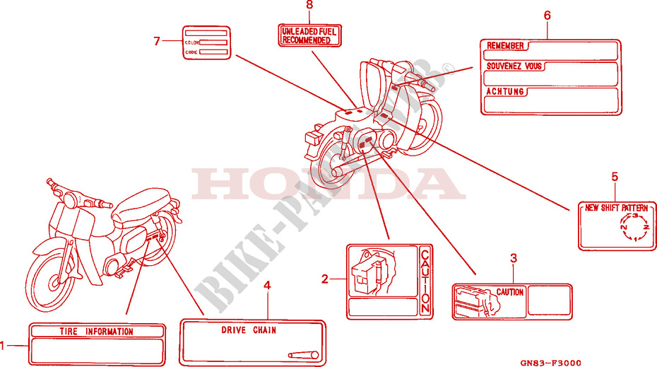ETIQUETTE DE PRECAUTIONS pour Honda C 90 self starter de 1993