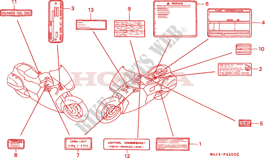 ETIQUETTE DE PRECAUTIONS pour Honda PAN EUROPEAN ST 1100 ABS de 1995