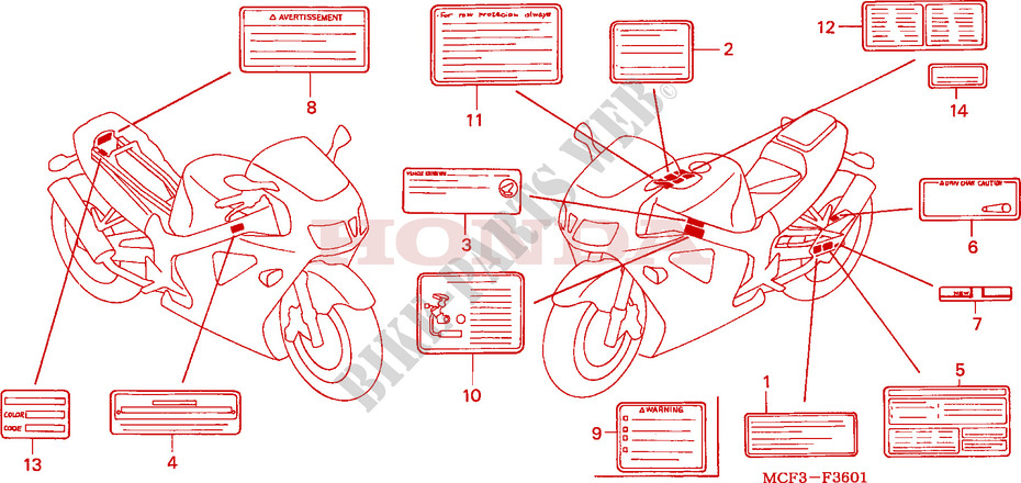 ETIQUETTE DE PRECAUTIONS(VTR1000SP2/3/4/5/6) pour Honda VTR 1000 SP2 RC51 de 2002