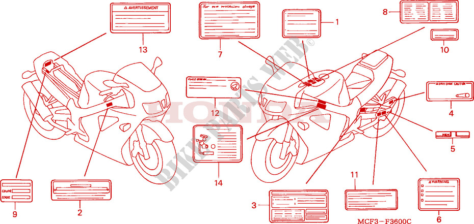 ETIQUETTE DE PRECAUTIONS(VTR1000SPY/1) pour Honda VTR 1000 SP1 de 2000