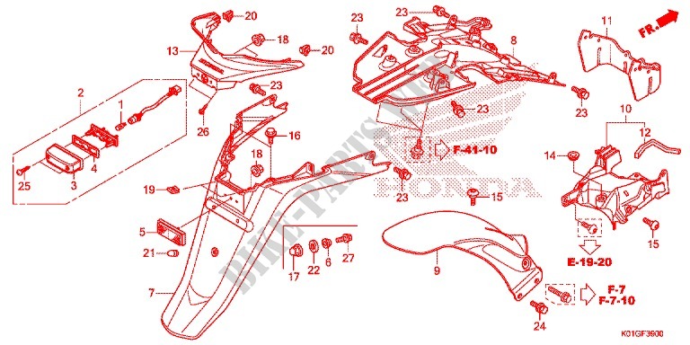 GARDE BOUE ARRIERE   ECLAIRAGE DE PLAQUE pour Honda SH 125 ABS DS de 2016